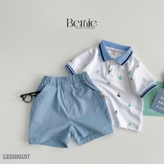 Set đồ thun bé trai polo áo ngắn phông màu trắng quần kaki mềm họa tiết thuyền 1 đến 7 tuổi BERNIE 1223B010T