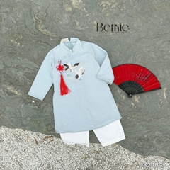 Áo dài cách tân bé trai mặc tết chất tafta thêu hạc màu xanh màu đỏ size 10 đến 25kg BERNIE 0824B37