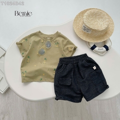 Set đồ thun tay ngắn basic cho bé trai mùa hè in cây dừa size 1 đến 7 tuổi BERNIE H1024B23