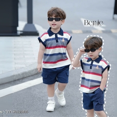 Set bộ polo kẻ ngang tanktop thêu gấu cho bé trai kèm quần short jean phong cách Hàn quốc 9 đến 28kg BERNIE H0125B35