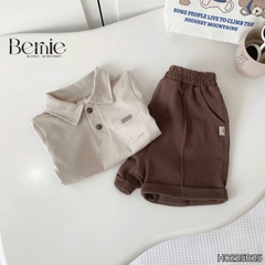 Set bộ polo tay ngắn màu nâu họa tiết in túi và chữ kèm quần short bé trai 1 đến 7t BERNIE H0225B25