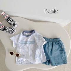 Set bộ loang tay ngắn cho bé trai họa tiết in chữ áo thun phối màu kèm quần short jean size 9 đến 28kg BERNIE H1124B83