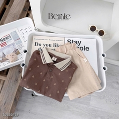 Set bộ polo tay ngắn cổ dệt màu nâu họa tiết gấu kèm quần short đùi kaki 1 đến 7 tuổi BERNIE T0225B23