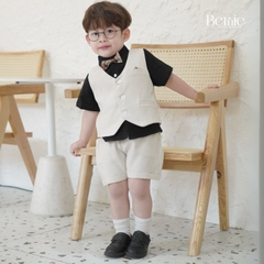 Set bộ vest gile công tử bé trai áo sơ mi tay ngắn màu đen phối gile kèm nơ 1 đến 7T BERNIE 0724B26