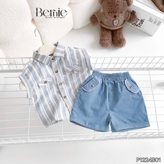 Set bộ tanktop cho bé trai áo sơ mi tanktop họa tiết kẻ xanh phối túi kèm quần short jean 9kg đến 28kg BERNIE P1224B01