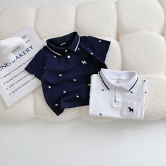 Set bộ polo bé trai tay ngắn cổ bo dệt họa tiết thêu cún kèm quần short kaki sz 9 tới 28kg BERNIE T0525B09