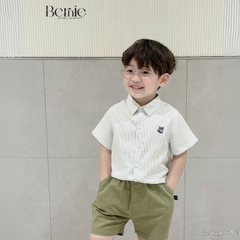 Set sơ mi ngắn tay kẻ sọc bé trai họa tiết thêu cáo kèm quần short cho bé từ 9kg tới 28kg BERNIE P0125B28