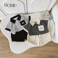 Set bộ polo kẻ phối màu kèm túi ngực thêu cá cho bé trai size 1 đến 7 tuổi BERNIE H1224B44