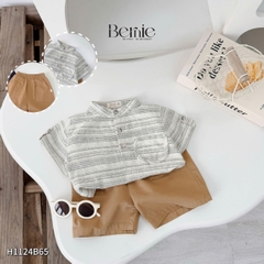  Set bộ sơ mi cổ trụ kẻ ngang phối túi viền kèm quần short kaki cho bé trai size 9 đến 28kg BERNIE H1124B65