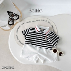 Set bộ polo kẻ đen phối màu thêu cún kèm quần short kaki cho bé trai 1 đến 7 tuổi BERNIE H0625B02
