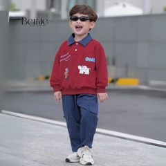 Set bộ polo tay dài áo polo đỏ họa tiết cún cho bé trai kèm quần jean dài size 1 đến 7 tuổi BERNIE T0625B41