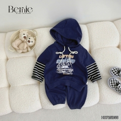 Set bộ tay dài thể thao unisex tay áo phối kẻ áo có mũ họa tiết ô tô đi chơi đi học 1 đến 7 tuổi BERNIE H0725B55