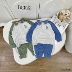 Set bộ polo tay dài raplang phối màu họa tiết thêu khủng long kèm quần dài cho bé trai size 1 đến 7 tuổi BERNIE H0425B59