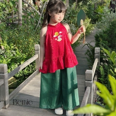 Set yếm lụa đỏ thêu thỏ ngọc kèm quần dài xanh tết trung thu bé gái chất lụa gấm BERNIE 1 tuổi đến 7 tuổi H0425B31 