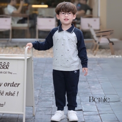 Set bộ polo dài tay raplang phối màu họa tiết in tràn dễ thương kèm quần dài cho bé trai size 1 đến 7 tuổi BERNIE T0425B67