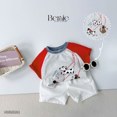Set bộ tay ngắn raplang cho bé trai áo thun cotton họa tiết Happy Dog và quần short đùi kaki 1 đến 7 tuổi BERNIE H0625B01