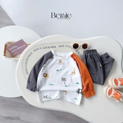 Set bộ thun cotton tay raplang dài phối màu cho bé trai họa tiết in tràn kèm quần dài 9 tới 28kg BERNIE T0725B52