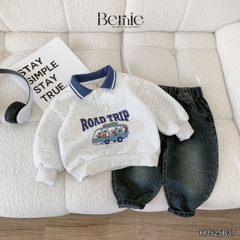 Set bộ polo dài tay cho bé trai áo polo nỉ họa tiết Enjoy the space kèm quần jean dài size 9 tới 28kg BERNIE H0525B37