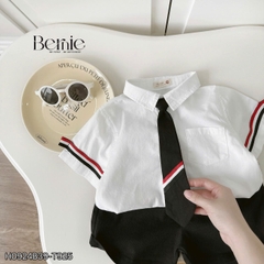 Set bộ đi chơi bé trai BERNIE áo sơ mi trắng cà vạt phối kẻ cho bé từ 9 đến 24kg