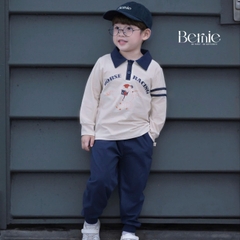 Set bộ bé trai áo thun polo cotton tay dài phối màu họa tiết ngựa kèm quần dài size 9 tới 28kg BERNIE H0825B31