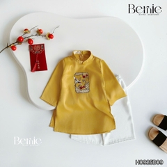 Set áo dài bé trai kèm quần chất lụa vân gỗ họa tiết thêu Hạc xuân mặc Tết size 9 đến 25kg BERNIE H0925B09