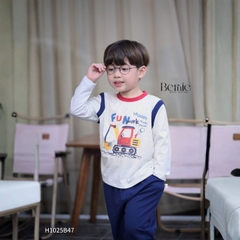 Set bộ dài tay cố áo và tay phối màu chất cotton họa tiết xe cẩu kèm quần dài size 9 tới 25kg BERNIE H1025B47