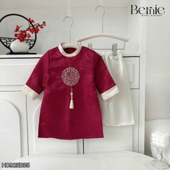 Set áo dài bé trai kèm quần chất lụa vân gỗ họa tiết thêu Hạc xuân mặc Tết size 9 đến 25kg BERNIE H0925B09