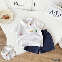 Set bộ polo Xe sắc màu cho bé trai áo thun polo tay ngắn và quần short jean size 9 tới 28kg BERNIE T1125B09