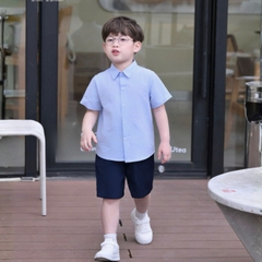 Set bộ sơ mi xanh basic tay ngắn kèm quần short cho bé trai từ 9 đến 25kg BERNIE H0125B69Đ