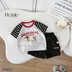 Set bộ tay ngắn raplang phối tay áo kẻ họa tiết Original kèm quần short da cá cho bé trai 1 đến 7 tuổi BERNIE H1125B27