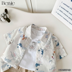  Set sơ mi 3 chi tiết tay ngắn cho bé trai họa tiết Mèo Khám Phá kèm quần short kaki size 9 tới 28kg BERNIE H1025B74Đ