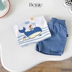 Set bộ ngắn tay raplang họa tiết Cá voi nghộ nghĩnh kèm quần short kaki cho bé trai size 9 tới 28kg BERNIE H1125B25