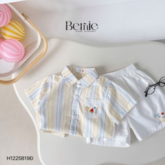  Set bộ sơ mi tay ngắn cho bé trai họa tiết kẻ DƯA HẤU kèm quần short kaki size 9 đến 25kg BERNIE H1225B19Đ
