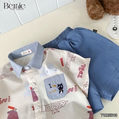 Set bộ đi chơi tay ngắn áo sơ mi họa tiết in tràn Idol cho bé trai kèm quần short denim size 11 đến 28kg BERNIE T1255B13