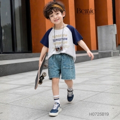 Set bộ tay ngắn raplang phối màu áo thun họa tiết Tomorrow và quần short jean bé trai 1 đến 7 tuổi BERNIE H0725B19