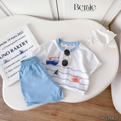 Set bộ ngắn tay đi chơi đi biển họa tiết Đại Hải Trình kèm quần short cho bé trai size 9 tới 25kg BERNIE H0226B31