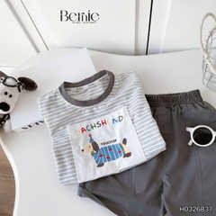 Set bộ bé trai áo thun tay ngắn họa tiết kẻ ngang Sausage Dog kèm quần short kaki cho bé trai size 9 đến 28kg BERNIE H0326B37