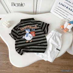 Set bộ tay ngắn áo polo họa tiết kẻ Happy Duck kèm quần short kaki cho bé trai size 9 đến 28kg BERNIE H0226B32