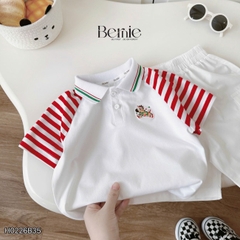 Set polo thêu ngựa áo tay ngắn raplang kẻ sọc kèm quần short kaki cho bé trai size 11 đến 28kg BERNIE H0226B35