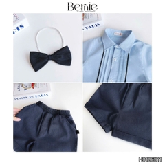 Set sơ mi bé trai công tử màu xanh trắng có nơ mặc thôi nôi sinh nhật sự kiện 1 đến 7 tuổi BERNIE H0725B73