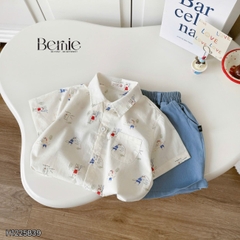 Set bộ sơ mi tay ngắn họa tiết Pony Sport kèm quần short denim size 11kg tới 28kg BERNIE H1225B39