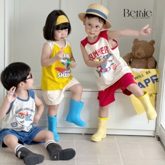Set bộ ba lỗ áo thun phối màu họa tiết Baby Shark kèm quần short cho bé trai đi chơi đi biển size 1 tới 7 tuổi BERNIE H0326B34