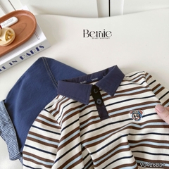 Set bộ dài tay cho bé trai áo polo họa tiết kẻ thêu Dog phối quần dài suông denim size 11 tới 28kg BERNIE V0426B37