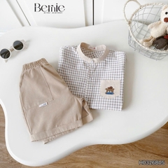 Set bộ sơ mi nâu gấu Lucky áo cổ trụ tay ngắn caro kèm quần short cho bé trai từ 11 đến 28kg BERNIE H0326B05