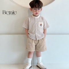Set bộ sơ mi nâu gấu Lucky áo cổ trụ tay ngắn caro kèm quần short cho bé trai từ 11 đến 28kg BERNIE H0326B05