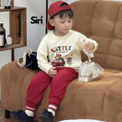Set bộ dài tay chất thun cotton áo be họa tiết Little Explorer kèm quần dài đỏ size 10 tới 27kg BERNIE SIRI 6383BDK