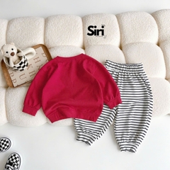 Set bộ dài tay thu đông thun cotton áo đỏ họa tiết cún nhỏ ấm áp kèm quần dài kẻ sọc size 9 tới 26kg BERNIE SIRI 6382BDK
