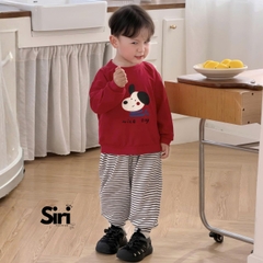 Set bộ dài tay thu đông thun cotton áo đỏ họa tiết cún nhỏ ấm áp kèm quần dài kẻ sọc size 9 tới 26kg BERNIE SIRI 6382BDK