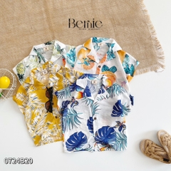 Set sơ mi tơ đũi cho bé trai đi biển đi chơi áo họa tiết hoa lá cây dừa nổi bật kèm quần ngắn BERNIE