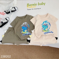 Set đồ bộ ngắn tay khủng long cho bé trai BERNIE thun cotton màu trơn basic 9 đến 25kg Vải Cotton Heo